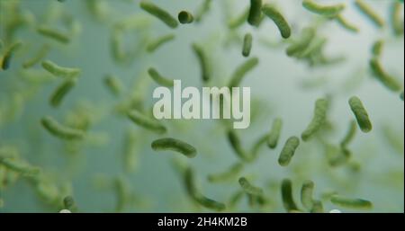 Batteri verdi sotto microscopio sfondo astratto 3d-rendering Foto Stock