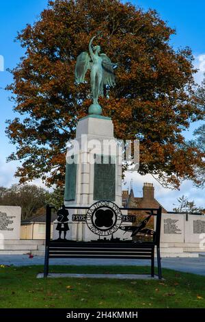 Cenotaph War Memorial, Montrose, Angus, Scozia, UK 3 novembre 2021: Il nuovo panch del Centenario Poppy è stato presentato al Cenotaph di Montrose il 28 ottobre. Questo progetto è stato finanziato, progettato e prodotto localmente. Il gruppo “Poppy Scotland Montrose” era alla base del progetto. La nuova panchina, completa la panchina esistente presso il memoriale di guerra di Cenotaph. Credit: Barry Nixon/Alamy Live News Foto Stock