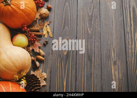 Zucche, foglie autunnali, anice, ghiande, cannella bordo su legno scuro rustico. Modello Happy Thanksgiving e Halloween con spazio per il testo. Ciao Autu Foto Stock