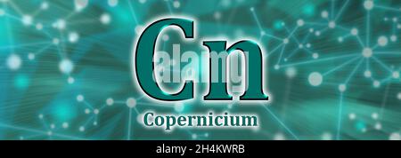 Simbolo CN. Elemento chimico Copernicium su sfondo verde della rete Foto Stock