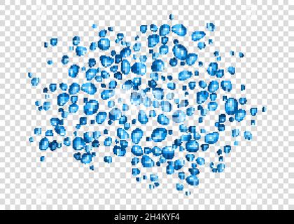 Gocce d'acqua isolate su sfondo trasparente. Diverse forme di gocce o bolle blu realistiche. Sfondo vettoriale. Illustrazione Vettoriale
