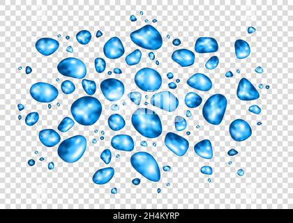 Gocce blu d'acqua isolate su sfondo trasparente. Diverse forme di gocce o bolle realistiche pure. Sfondo vettoriale. Illustrazione Vettoriale