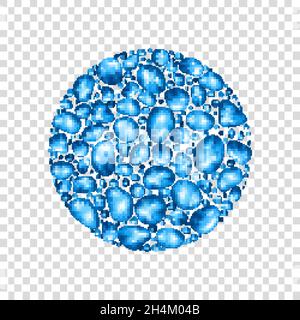 Cerchio con gocce d'acqua isolate su sfondo trasparente. Diverse forme di gocce blu puro realistiche. Icona vettore. Illustrazione Vettoriale
