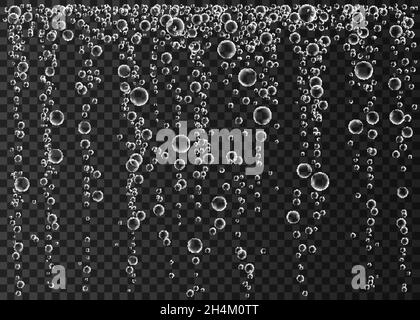 Soda pop 3d realistico. Champagne. Bevanda effervescente. Bolle d'aria sott'acqua. Scintilla frizzante in acqua. Struttura vettoriale sottomarina. Illustrazione Vettoriale