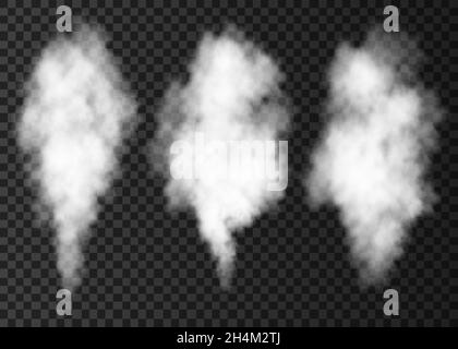Raccolta di fumo bianco isolato su sfondo trasparente. Effetto speciale esplosione del vapore. Colonna vettoriale realistica di nebbia o nebbia d'incendio Illustrazione Vettoriale