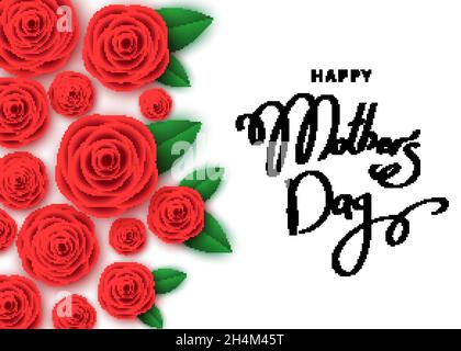 Modello di banner del giorno della mamma felice con rose rosse, scritte disegnate a mano. Fiori per biglietti d'auguri, poster, sconto voucher, pubblicità di vendita. Illustrazione Vettoriale