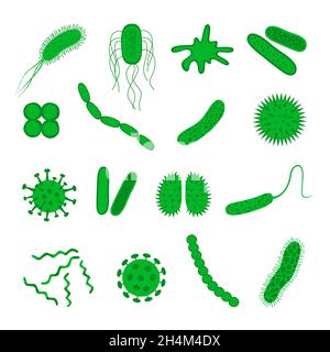 Icone di germi e batteri poste isolate su sfondo bianco. Forma della cellula batterica: Cocci, bacilli, spirilla. Illustrazione vettoriale in stile piatto. Illustrazione Vettoriale