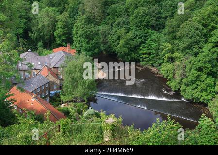 Knaresborough Weir, vista in estate dello stramazzo situato accanto al vecchio mulino di biancheria (ora moderni appartamenti residenziali) lungo Waterside a Knaresborough, Regno Unito Foto Stock