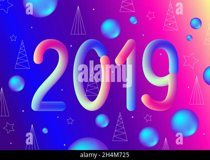 2019 nuovo anno astratto fluido sfondo in trendy olografico ultra viola colore. Sfondo geometrico al neon sfumato. Vettore futuristico Natale t Illustrazione Vettoriale