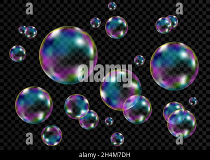 Set di realistiche bolle di sapone colorate e trasparenti con riflessi arcobaleno isolati su sfondo a scacchi. Trama vettoriale. Illustrazione Vettoriale