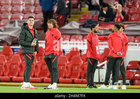 Liverpool, Regno Unito. 03 novembre 2021. I giocatori di Atletico Madrid arrivano ad Anfield a Liverpool, Regno Unito il 11/3/2021. (Foto di Simon Whitehead/News Images/Sipa USA) Credit: Sipa USA/Alamy Live News Foto Stock