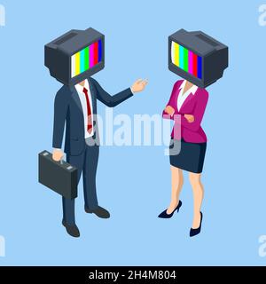 Zombie isometrica uomo e donna con una vecchia tv invece della testa. Dipendenza dai mass media. Manipolazione televisiva, falso, orrore, pazzo. Illustrazione Vettoriale