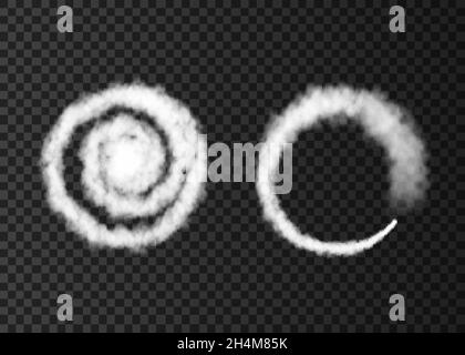 Pista bianca a spirale di fumo isolata su sfondo trasparente. Nube vettoriale realistica o texture nebbia. Illustrazione Vettoriale