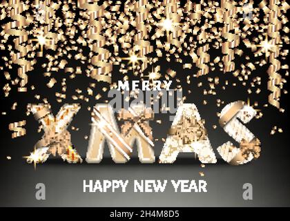 Allegro sfondo nero di Natale con lettere decorative dorate con fiocco regalo d'oro, nastro, confetti e streamer. Testo di Natale. Vacanza invernale decorat Illustrazione Vettoriale