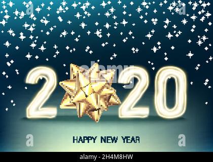 2020 felice anno nuovo sfondo blu con arco regalo dorato. Decorazione di Natale con numero di oro al neon incandescente. Biglietto d'auguri Vector Winter Holiday temp Illustrazione Vettoriale