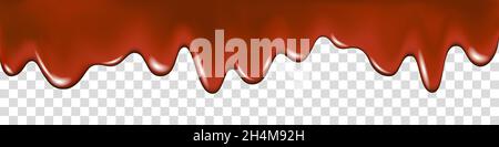 Gocciolamento di cioccolato fuso isolato su sfondo trasparente. Crema di cacao liquida. Gocciolamento. Illustrazione vettoriale realistica. Illustrazione Vettoriale