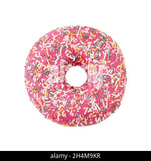 Ciambella rosa decorata con colorate spruzza isolati su sfondo bianco. Lay piatto. Vista superiore Foto Stock