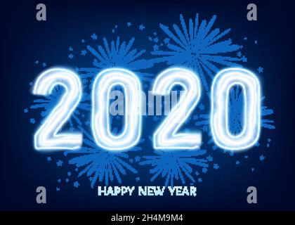 2020 felice anno nuovo sfondo blu con fuochi d'artificio. Decorazione di Natale con numero di neon incandescente. Modello di biglietto di auguri per le vacanze invernali vettoriale. Illustrazione Vettoriale