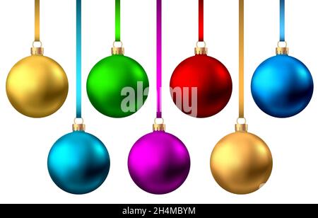 Palline di Natale realistiche di colore rosso, oro, blu, verde, viola, isolate su sfondo bianco. Decorazione vettoriale dell'albero di Natale. Illustrazione Vettoriale