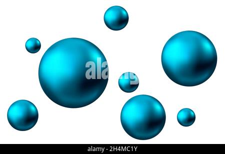 Bolle d'acqua o ossigeno frizzante. Molecola blu isolata su sfondo bianco. Sfera 3d realistica. Struttura vettoriale per shampoo, cosmetici per la pelle o sc Illustrazione Vettoriale