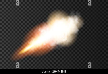 Fiamma e fumo dal lancio del razzo spaziale. Fuoco, cometa o meteor su sfondo trasparente. Decollo astronave. Pista di aerei o sentiero della nave. Vettore Illustrazione Vettoriale