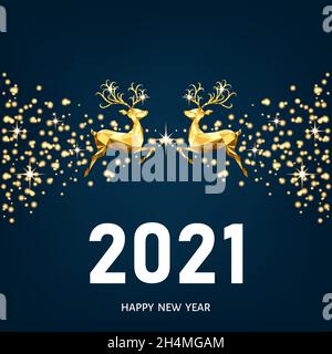 Felice anno nuovo 2021 sfondo blu. Modello d'oro di Natale. Decorazione dorata e bianca. Renna di Natale. Modello vettoriale per biglietto di auguri. Illustrazione Vettoriale