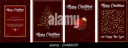 Collezione di carte e poster diversi per le carte buon Natale e Felice anno nuovo. Moderni modelli di cartoline o carte regalo. Tessera anno nuovo Illustrazione Vettoriale