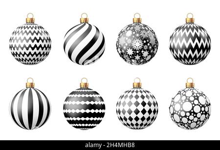 Palline di Natale con motivo isolato su sfondo bianco. Albero di Natale e decorazione del Venerdì Nero. Set di bauble vettoriale. Illustrazione Vettoriale