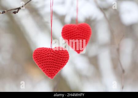 Cuori d'amore appesi su un ramo d'albero nella foresta d'inverno. Due cuori di San Valentino in maglia rossa, simbolo di amore romantico, sfondo per le vacanze Foto Stock
