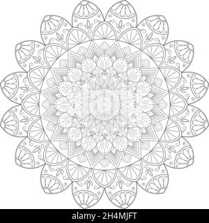 Pagina di colorazione mandala circolare con motivi floreali. Illustrazione Vettoriale