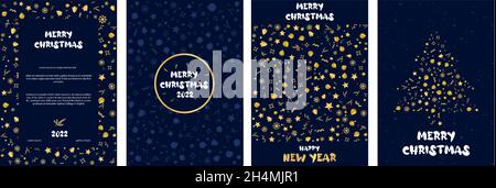 Collezione di carte e poster diversi per le carte buon Natale e Felice anno nuovo. Moderni modelli di cartoline o carte regalo. Tessera anno nuovo Illustrazione Vettoriale