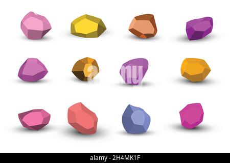 Pietre del cartone animato. Set isometrico pietra da roccia. Massi colorati, forme naturali di blocchi da costruzione, pietre da parete. illustrazione 3d piatta isolata. Vettore Illustrazione Vettoriale