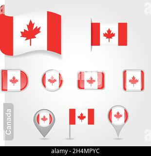 La bandiera canadese - insieme di icone e bandiere. Lucida e opaca su sfondo bianco. Illustrazione Vettoriale