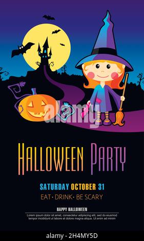 Halloween Party Design modello su sfondo nero, con ragazza strega e zucca eps 10 Illustrazione Vettoriale