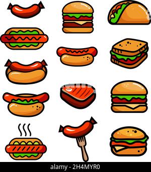 Set con vari fast food. Sandwich, hot dog, hamburger, taco, salsiccia. Icone vettoriali impostate in stile semplice, isolate su sfondo bianco. Illustrazione Vettoriale