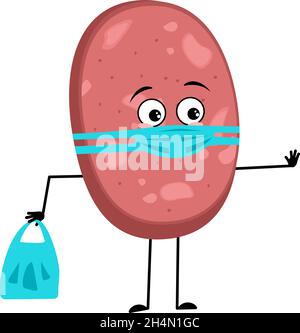 Simpatico personaggio salsiccia con emozioni tristi, viso e maschera mantenere la distanza, mani con shopping bag e stop gesture. Pasto divertente o spuntino a base di carne. Illustrazione piatta vettoriale Illustrazione Vettoriale