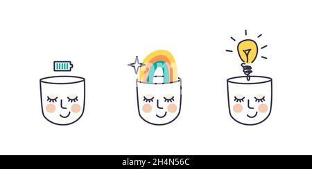 Stato mentale di felicità, buon umore e pensiero positivo. Incoraggiamento ed energia. Effetto dopo psicoterapia emotiva. Vettore doodle teste Illustrazione Vettoriale
