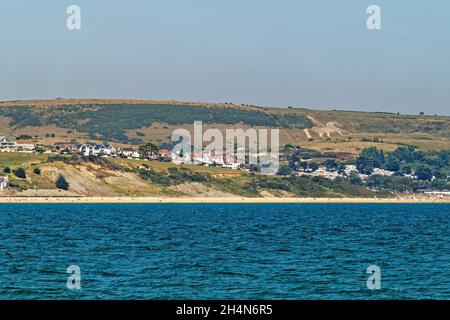 Regno Unito, Dorset, Weymouth, guardando verso Overcombe e Osmington White Horse. Foto Stock