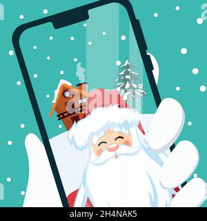 Design di Babbo Natale fare una videochiamata a Natale Illustrazione Vettoriale