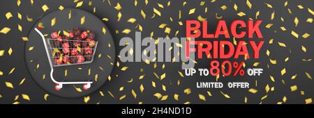 3D. Festeggia il Black Friday con il carrello del supermercato e i palloncini su sfondo nero. Foto Stock