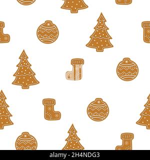 Modello di biscotti di Natale, albero di natale, giocattolo di natale e calza di natale in colore marrone, isolato su sfondo bianco, illustrazione vettoriale. Illustrazione Vettoriale