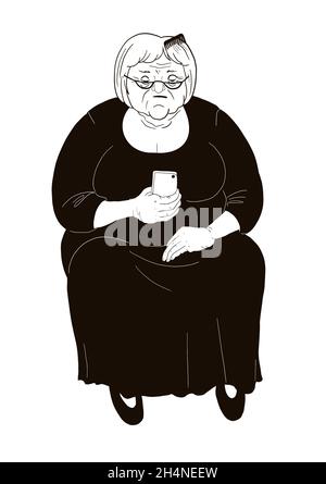 Una donna anziana legge un messaggio su uno smartphone. Illustrazione dei caratteri isolata su sfondo bianco. Foto Stock