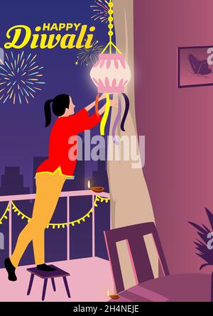 Il più grande festival indiano Deepawali illustrazione, felice Diwali isolato ragazza illustrazione con bella notte sfondo Foto Stock