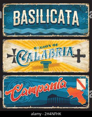 Basilicata, Galabria, Campania piatti d'annata. Italia destinazione viaggio targhe vettoriali, banner invecchiati con mappa, architettura, pilastro AN Illustrazione Vettoriale