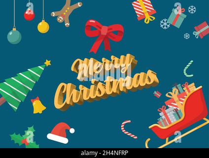 Buon Natale con ornamenti decorativi cartolina. Illustrazione del vettore del biglietto di auguri di testo 3D Illustrazione Vettoriale