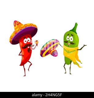 Cartoon messicano jalapeno e peperoncino happy personaggi. Peperoncini rossi e verdi vettoriali in cappelli di sombrero e poncho che suonano mariachi marac Illustrazione Vettoriale