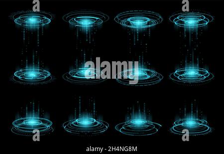 HUD futuristico portale virtuale circolare. Portale di gioco a due lati e a una facciata. Tecnologia per i viaggi spaziali futuri, cyberspazio per la realtà virtuale e fantascienza Illustrazione Vettoriale