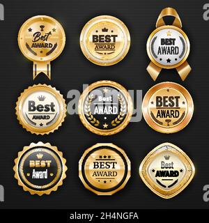 Sigilli d'oro, medaglie o badge e etichette con nastri, corona d'alloro. Certificato vettoriale premio o premio d'oro di qualità superiore Illustrazione Vettoriale