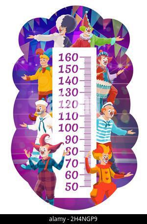 Kids cartoon shapito circus clown e artisti. Righello del misuratore della crescita vettoriale. Scala di misurazione per bambini con clown funfair, jesters an Illustrazione Vettoriale