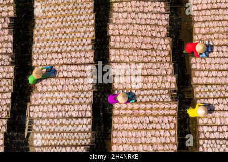 I lavoratori stanno asciugando il pesce della testa di serpente su un palo di bambù Foto Stock
